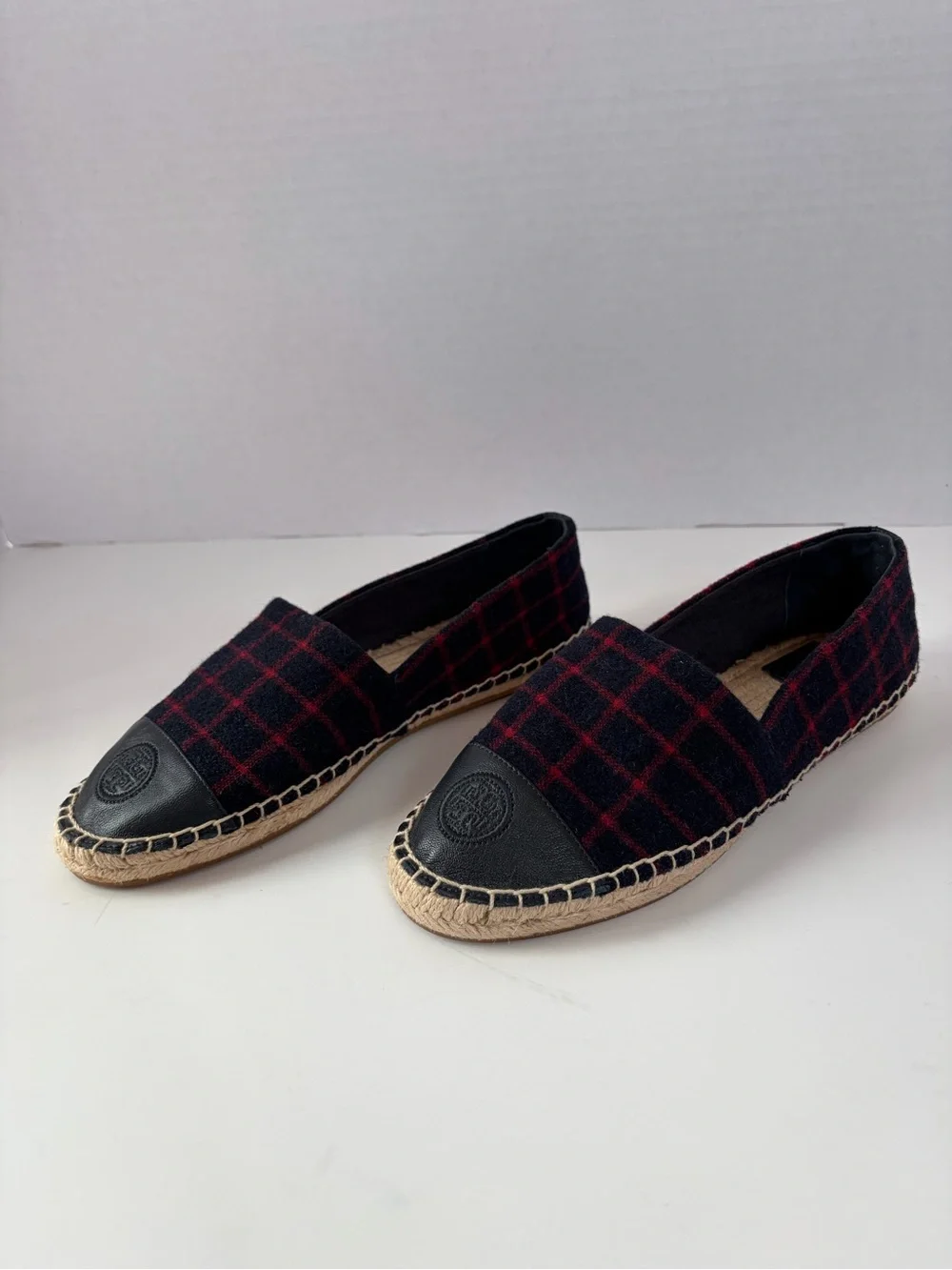 Tory Burch Plaid Espadrilles Colorblock Checked Wool Leather Navy Red Size 9